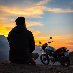 A serene and contemplative scene featuring a man sitting on the ground at a sunset point in Nepal, watching the magnificent sunset unfold