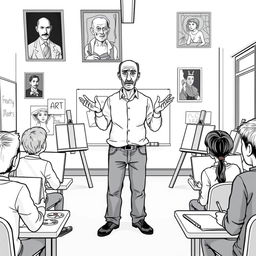 Pablo Picasso in a modern classroom setting, teaching an art class