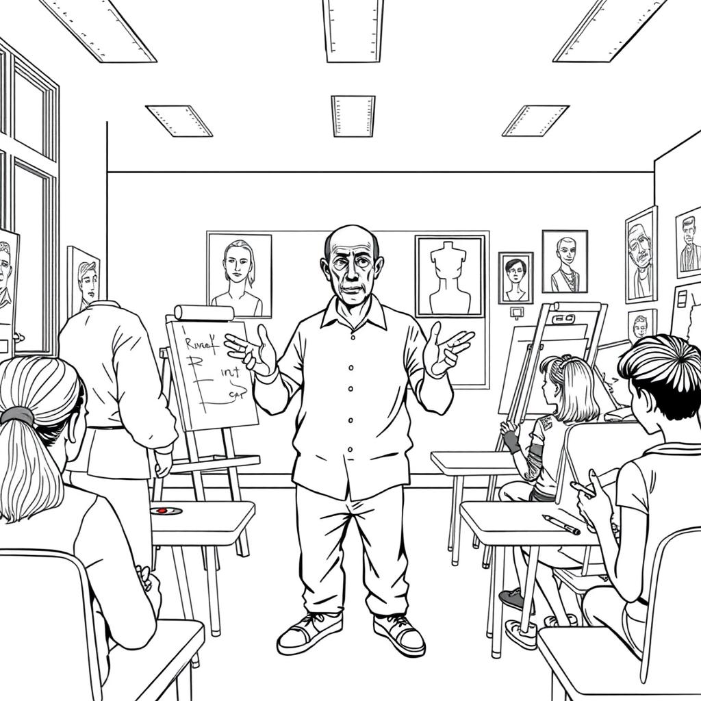 Pablo Picasso in a modern classroom setting, teaching an art class