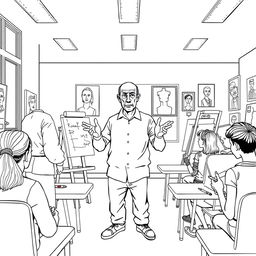 Pablo Picasso in a modern classroom setting, teaching an art class