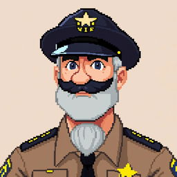 pixel art design of a sheriff policeman, 40-year-old, lightly muscled, with a beard and gray hair