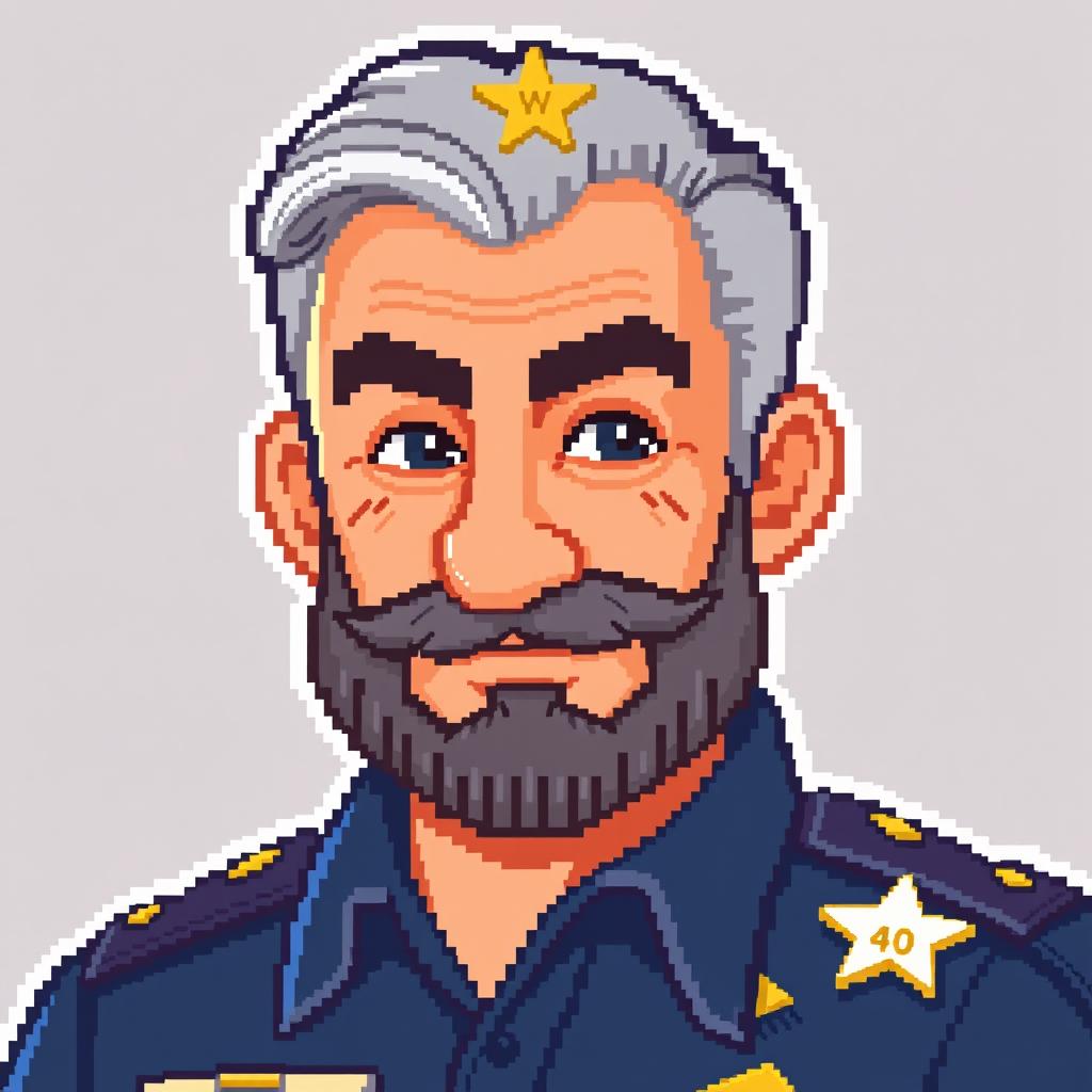 pixel art design of a sheriff policeman, 40-year-old, lightly muscled, with a beard and gray hair