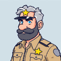 pixel art design of a sheriff policeman, 40-year-old, lightly muscled, with a beard and gray hair