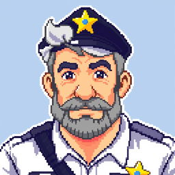 pixel art design of a sheriff policeman, 40-year-old, lightly muscled, with a beard and gray hair