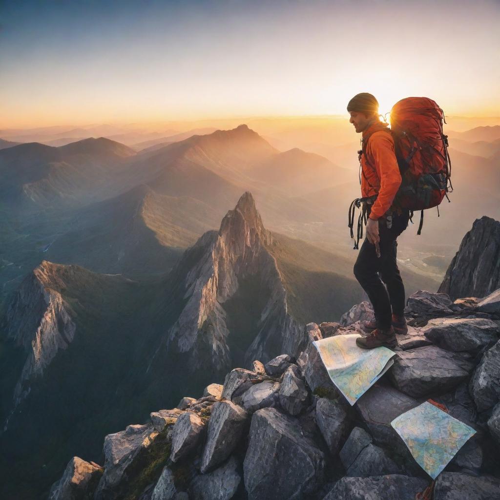 Vivid scene of a fearless adventurer scaling a towering mountain against a breathtaking sunrise. Equipments include a sturdy backpack, climbing rope and a map in hand.