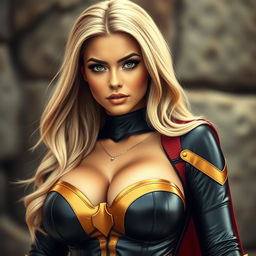 An 18-year-old Czech female superheroine with a curvy and voluptuous physique, showcasing full breasts and a round, firm ass