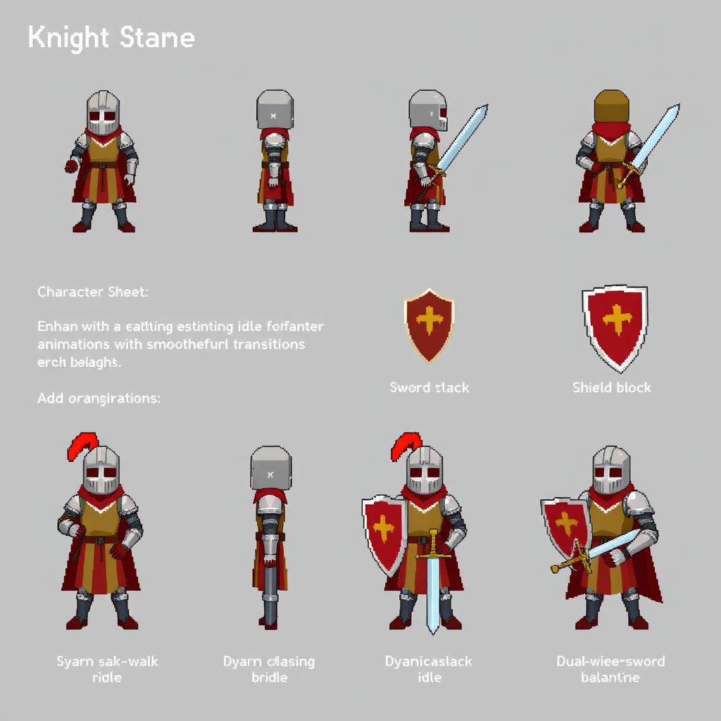 Design a pixel art character sheet following the provided format for Unity, featuring a knight character