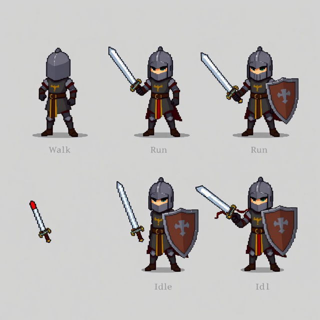 Design a pixel art character sheet following the provided format for Unity, featuring a knight character