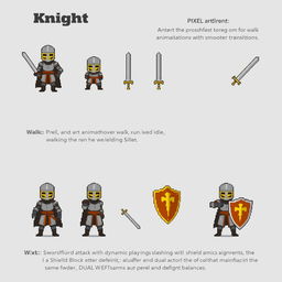 Design a pixel art character sheet following the provided format for Unity, featuring a knight character