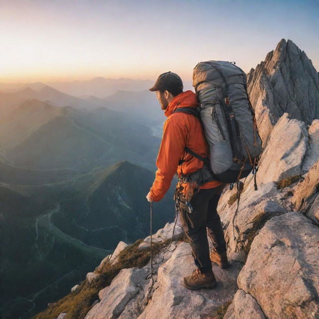 Vivid scene of a fearless adventurer scaling a towering mountain against a breathtaking sunrise. Equipments include a sturdy backpack, climbing rope and a map in hand.