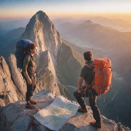 Vivid scene of a fearless adventurer scaling a towering mountain against a breathtaking sunrise. Equipments include a sturdy backpack, climbing rope and a map in hand.