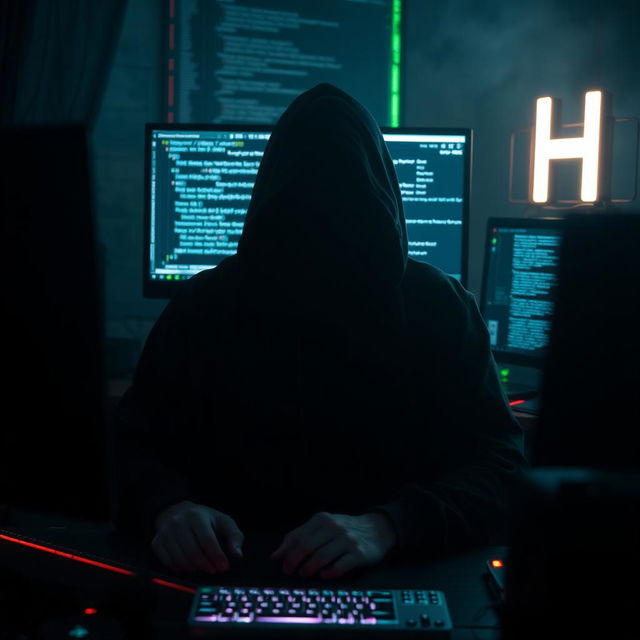 A mysterious hacker sitting in front of a computer, with a dark and moody atmosphere