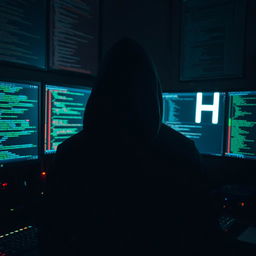 A mysterious hacker sitting in front of a computer, with a dark and moody atmosphere