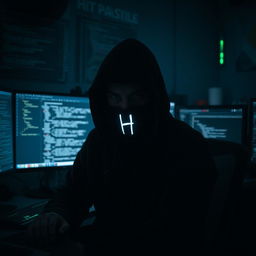 A mysterious hacker sitting in front of a computer, with a dark and moody atmosphere