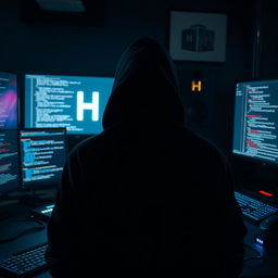 A mysterious hacker sitting in front of a computer, with a dark and moody atmosphere