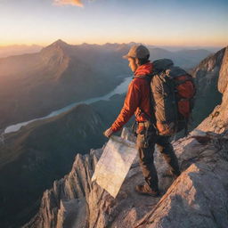 Vivid scene of a fearless adventurer scaling a towering mountain against a breathtaking sunrise. Equipments include a sturdy backpack, climbing rope and a map in hand.