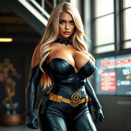 A 30-year-old Czech female superheroine with a curvy and voluptuous build, showcasing full breasts, a round, firm ass, and beautiful legs