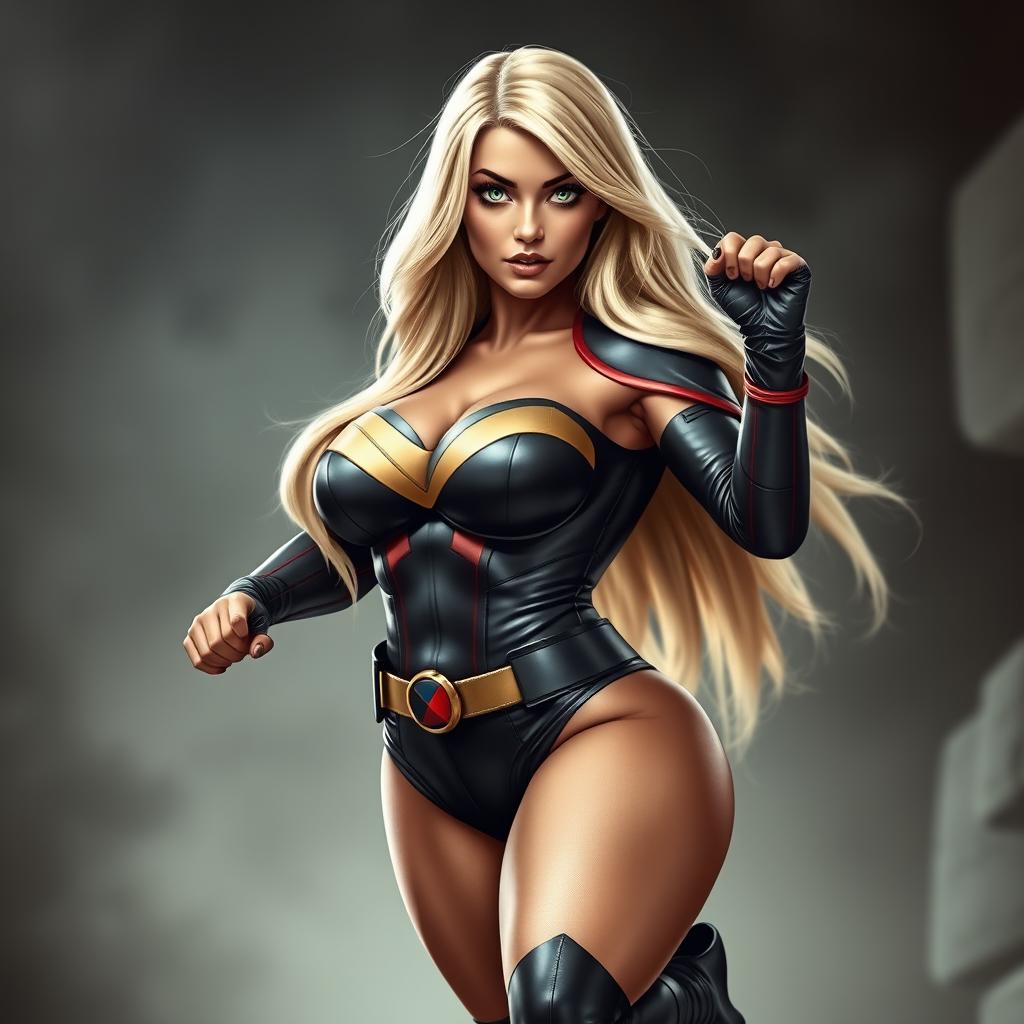 An 18-year-old Czech female superheroine with a curvy and voluptuous body, characterized by full breasts, a round, firm ass, and beautiful legs