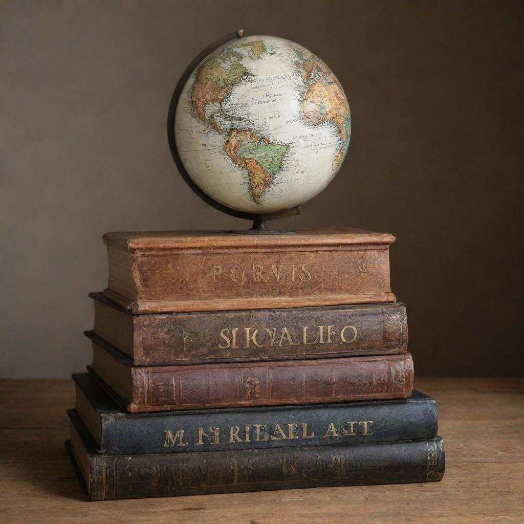 Three books realistically stacked, the topmost titled 'Sic', the middle one 'Parvis', the bottom one 'Magna'. On top of the books, sits a detailed, atmospheric globe.