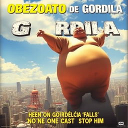 A dramatic movie poster depicting a vibrant cityscape of Hiroshima and Nagasaki in the background, with an enormous, comically exaggerated fat man descending from the sky, casting a huge shadow over the buildings