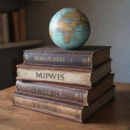 Three books realistically stacked, the topmost titled 'Sic', the middle one 'Parvis', the bottom one 'Magna'. On top of the books, sits a detailed, atmospheric globe.