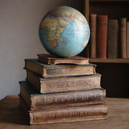 Three books realistically stacked, the topmost titled 'Sic', the middle one 'Parvis', the bottom one 'Magna'. On top of the books, sits a detailed, atmospheric globe.