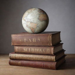 Three books realistically stacked, the topmost titled 'Sic', the middle one 'Parvis', the bottom one 'Magna'. On top of the books, sits a detailed, atmospheric globe.