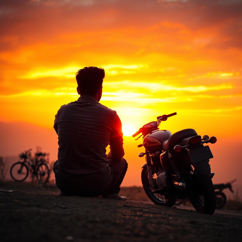 A man sitting on the ground watching a sunset, lost in his own thoughts, with a classic bullet bike to his right side