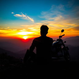 A man sitting on the ground watching a sunset, lost in his own thoughts, with a classic bullet bike to his right side