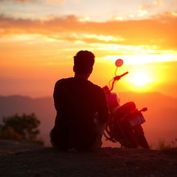 A man sitting on the ground watching a sunset, lost in his own thoughts, with a classic bullet bike to his right side