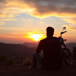 A man sitting on the ground watching a sunset, lost in his own thoughts, with a classic bullet bike to his right side