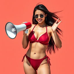 A stylish and confident Indonesian model posing in a striking red maroon bikini, energetically using a megaphone