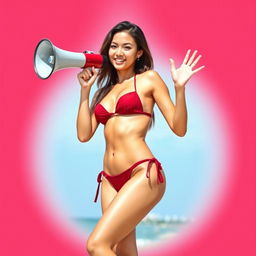 A stylish and confident Indonesian model posing in a striking red maroon bikini, energetically using a megaphone