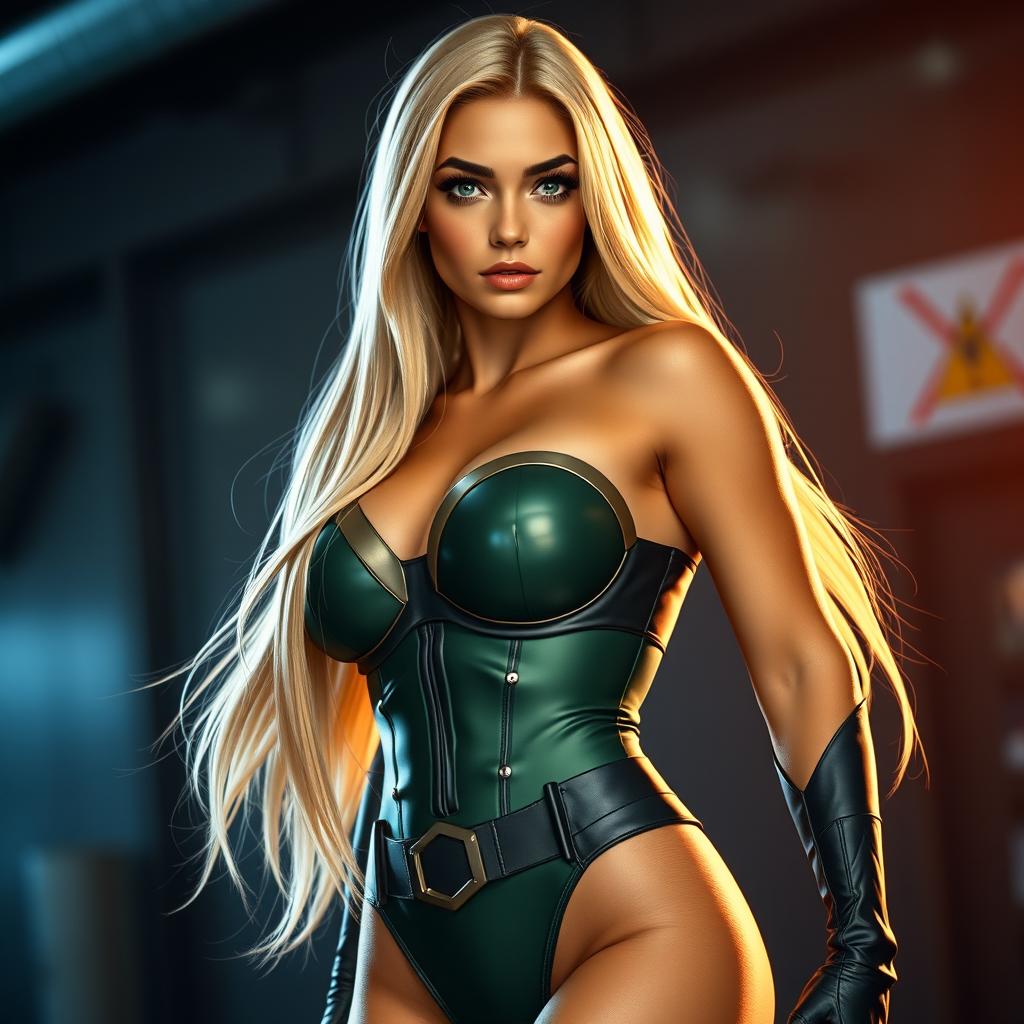 An 18-year-old Czech female superheroine with a curvy yet thin physique, characterized by medium-sized breasts, a round, firm ass, and stunning legs