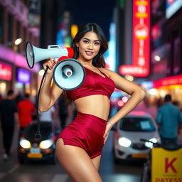 Indonesian model in a stylish red maroon sexy sport outfit, confidently using a megaphone