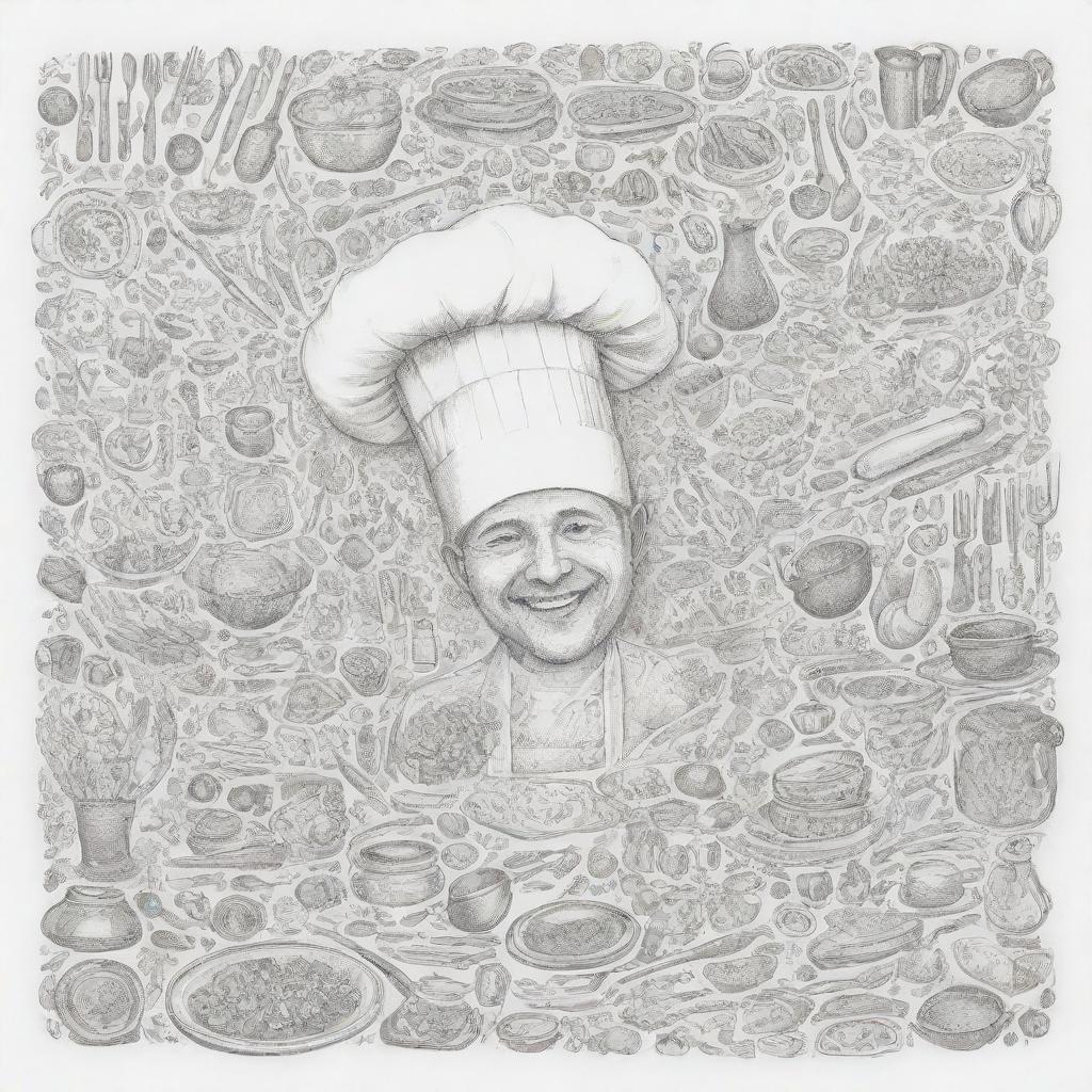 A carefree but intricate doodle featuring various elements of culinary art - cooking utensils, a chef's hat, fresh ingredients, and plated gourmet dishes.