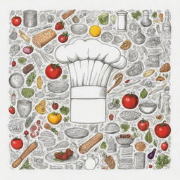 A carefree but intricate doodle featuring various elements of culinary art - cooking utensils, a chef's hat, fresh ingredients, and plated gourmet dishes.