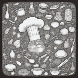 A carefree but intricate doodle featuring various elements of culinary art - cooking utensils, a chef's hat, fresh ingredients, and plated gourmet dishes.