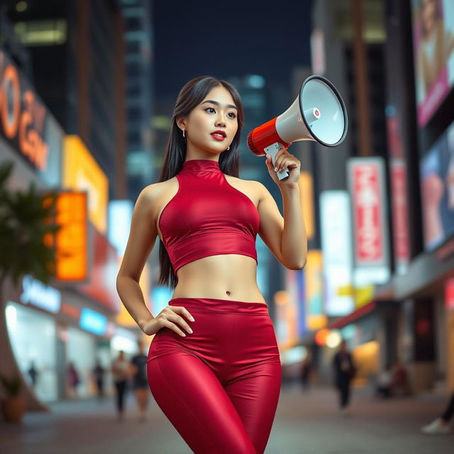 Indonesian model in a stylish red maroon sexy sport outfit, confidently using a megaphone