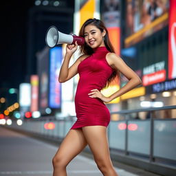 Indonesian model in a stylish red maroon sexy sport outfit, confidently using a megaphone