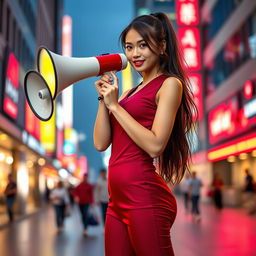 Indonesian model in a stylish red maroon sexy sport outfit, confidently using a megaphone