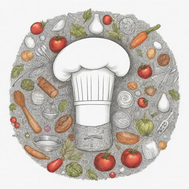 A carefree but intricate doodle featuring various elements of culinary art - cooking utensils, a chef's hat, fresh ingredients, and plated gourmet dishes.