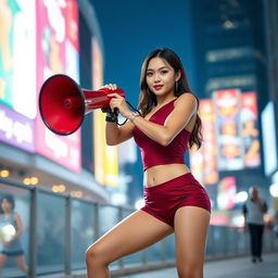 Indonesian model in a stylish red maroon sexy sport outfit, confidently using a megaphone