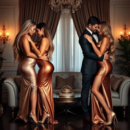 In an elegant home interior, two sexy couples engage in a romantic double date, embodying glamour and chemistry