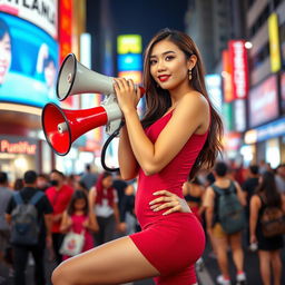 Indonesian model in a stylish red maroon sexy sport outfit, confidently using a megaphone