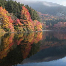 An autumn landscape with vibrant foliage reflecting in a calm lake, with a mountain backdrop partially hidden in soft mist.