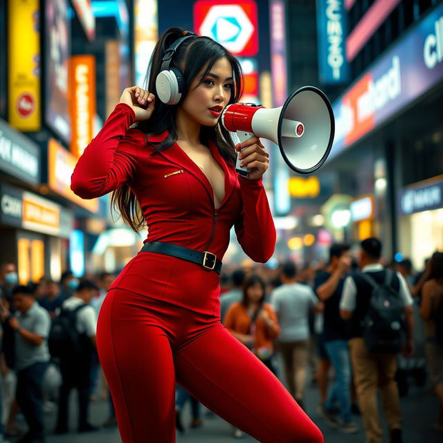 Indonesian model in a stylish red maroon sexy sport outfit, confidently using a megaphone