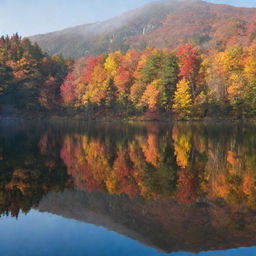 An autumn landscape with vibrant foliage reflecting in a calm lake, with a mountain backdrop partially hidden in soft mist.