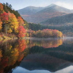 An autumn landscape with vibrant foliage reflecting in a calm lake, with a mountain backdrop partially hidden in soft mist.