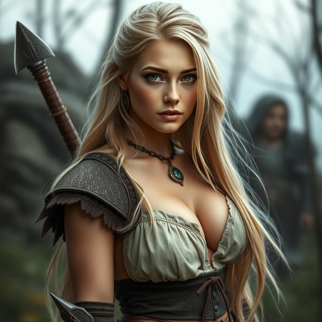 An 18-year-old Czech female medieval adventure warrior with a curvy yet thin body, featuring medium-sized breasts, a round, firm ass, and breathtakingly beautiful legs